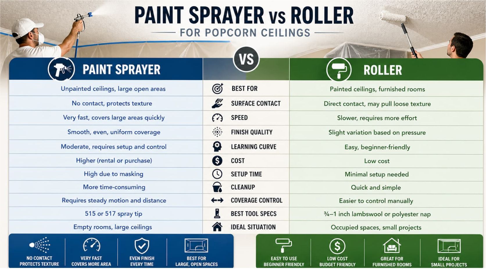 An image showing a comparison between a paint sprayer and a roller being used to paint a popcorn ceiling, highlighting the different methods for even coverage and control