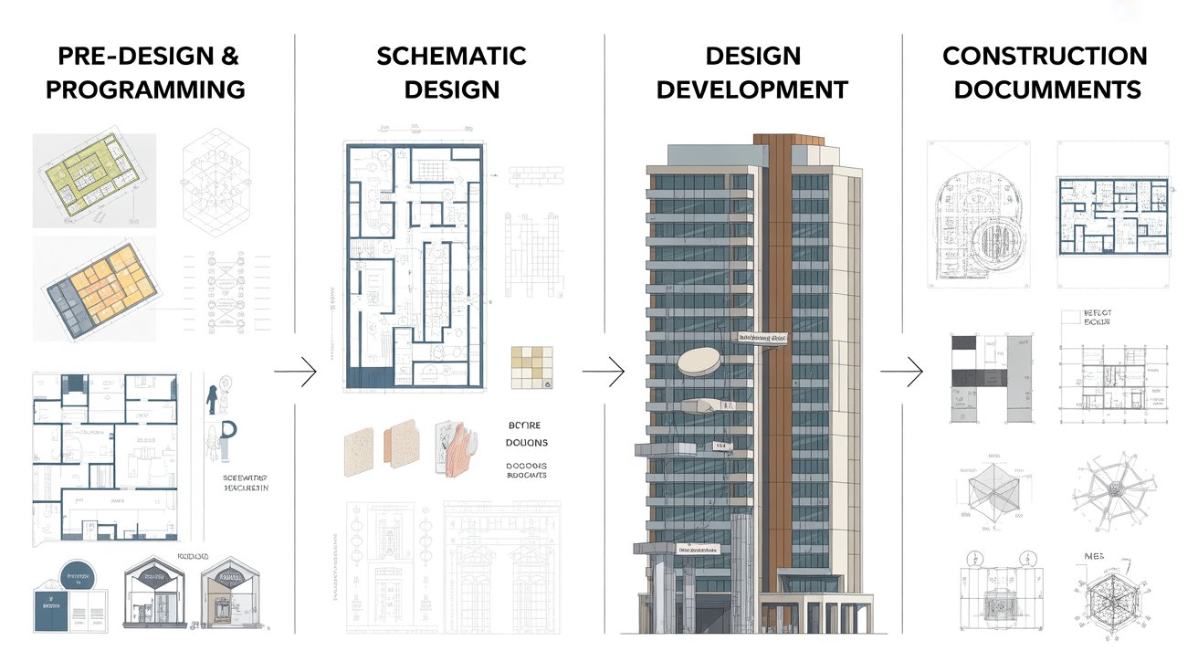 Illustration of commercial building design phases, including Pre-Design, Schematic Design, Design Development, and Construction Documents.