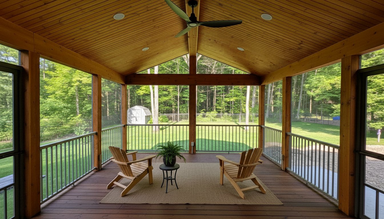 Stained cedar porch ceiling with fan and recessed lights in a spacious screened outdoor deck