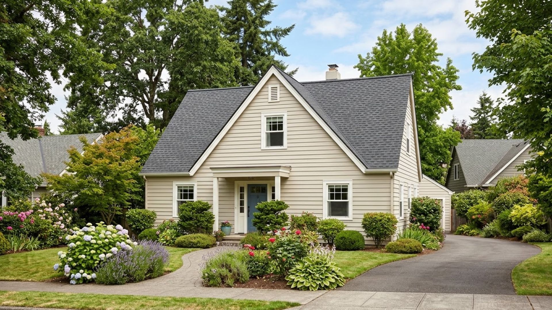Small gable roof house with landscaped front yard and garden walkway