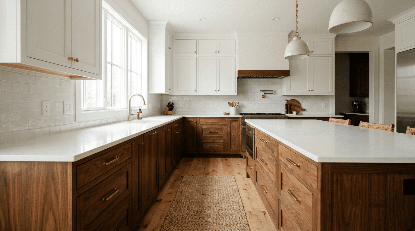 Modern white kitchen with floor to ceiling cabinetry with standard cabinet depth and marble countertop.