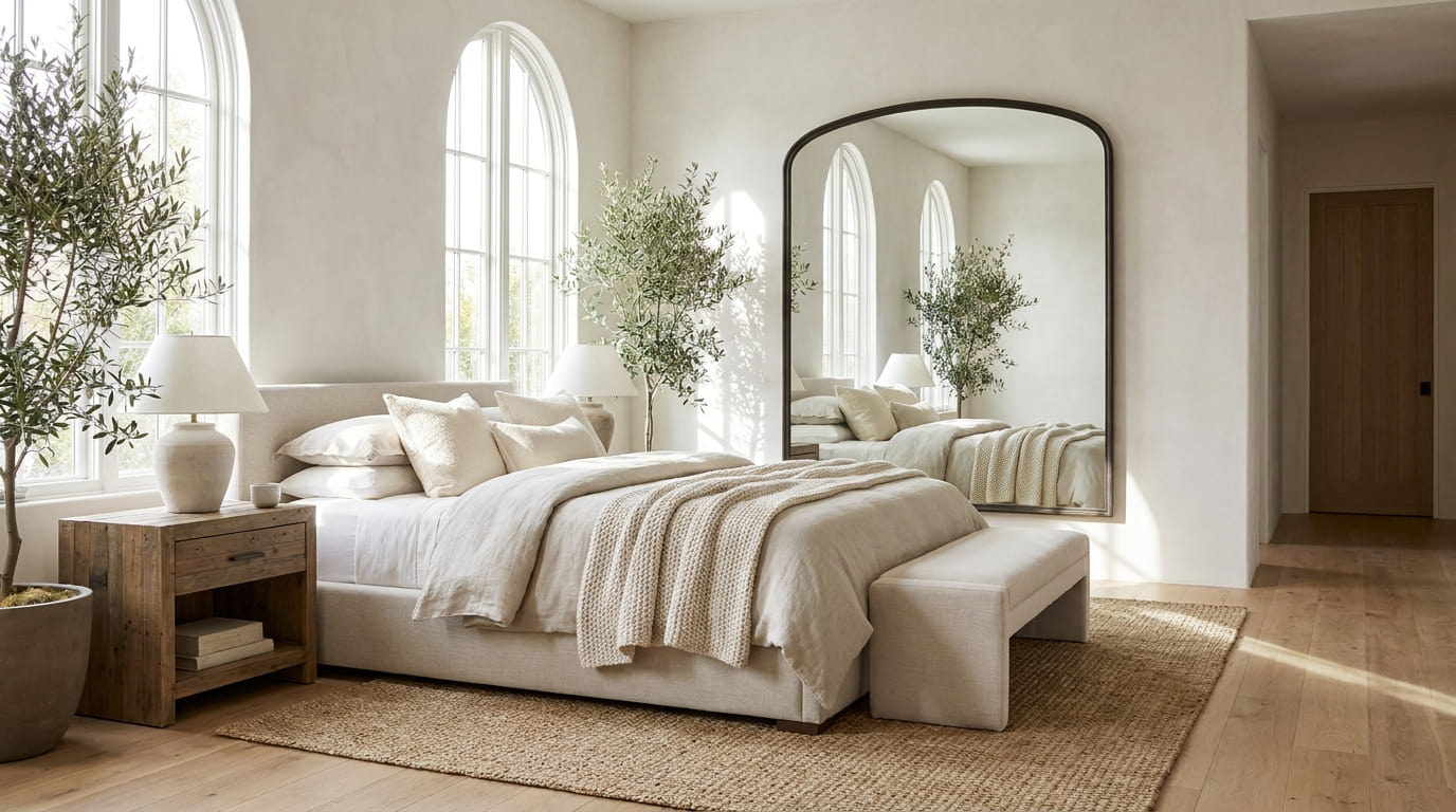Wall decor for bedroom featuring oversized arched mirror above bed to reflect light and create openness.