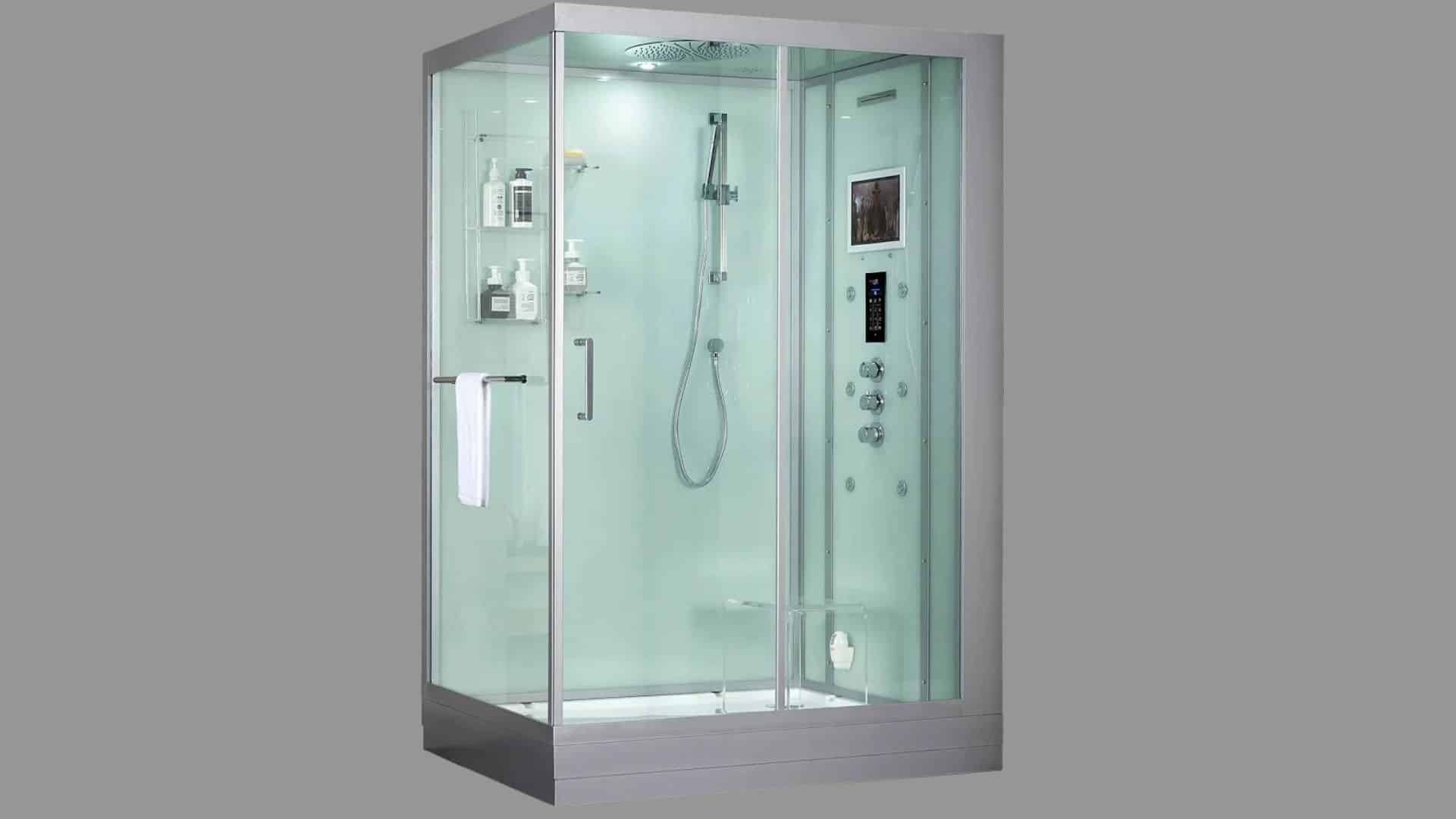 Glass-enclosed steam shower cabin with built-in controls, overhead shower, shelving, seating, and integrated entertainment display.