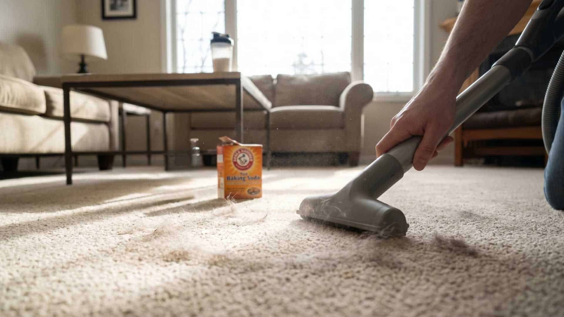 Vacuuming carpet before applying baking soda, showing how to clean carpets with baking soda correctly.