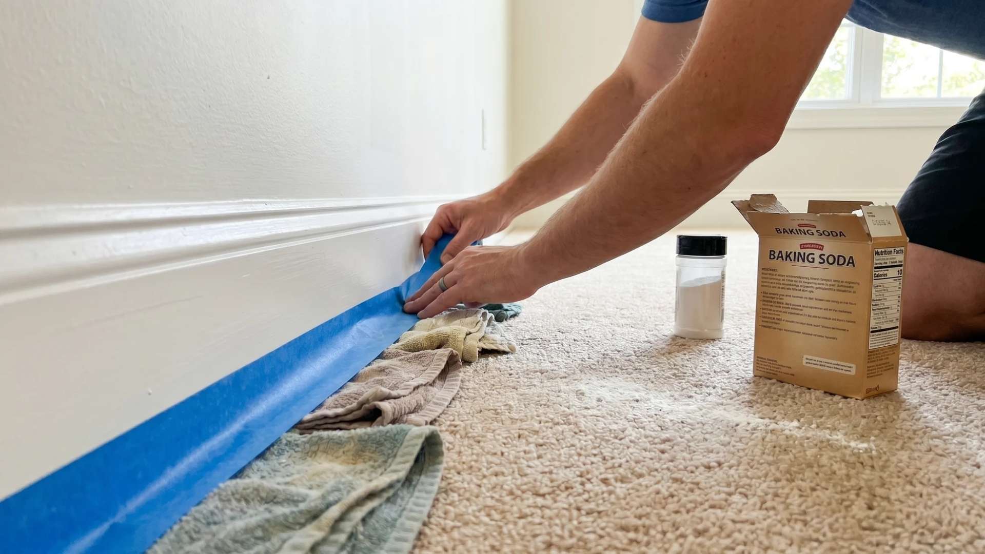 Painter’s tape protecting carpet edges while applying baking soda, demonstrating how to clean carpets with baking soda.