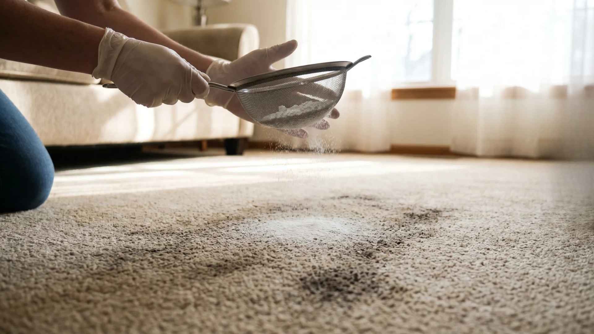 Baking soda being sprinkled on a carpet, illustrating how to clean carpets with baking soda.