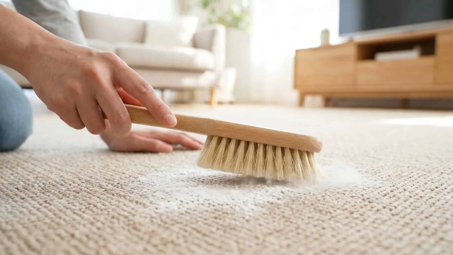 Person gently working baking soda into carpet fibers to demonstrate how to clean carpets with baking soda.