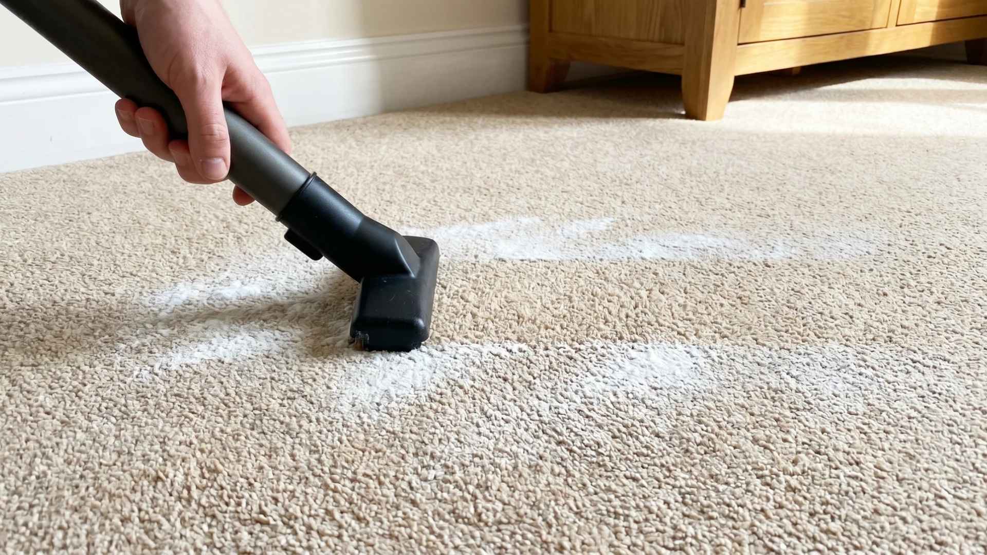 Hand guiding vacuum over carpet fibers to show how to clean carpets with baking soda thoroughly.