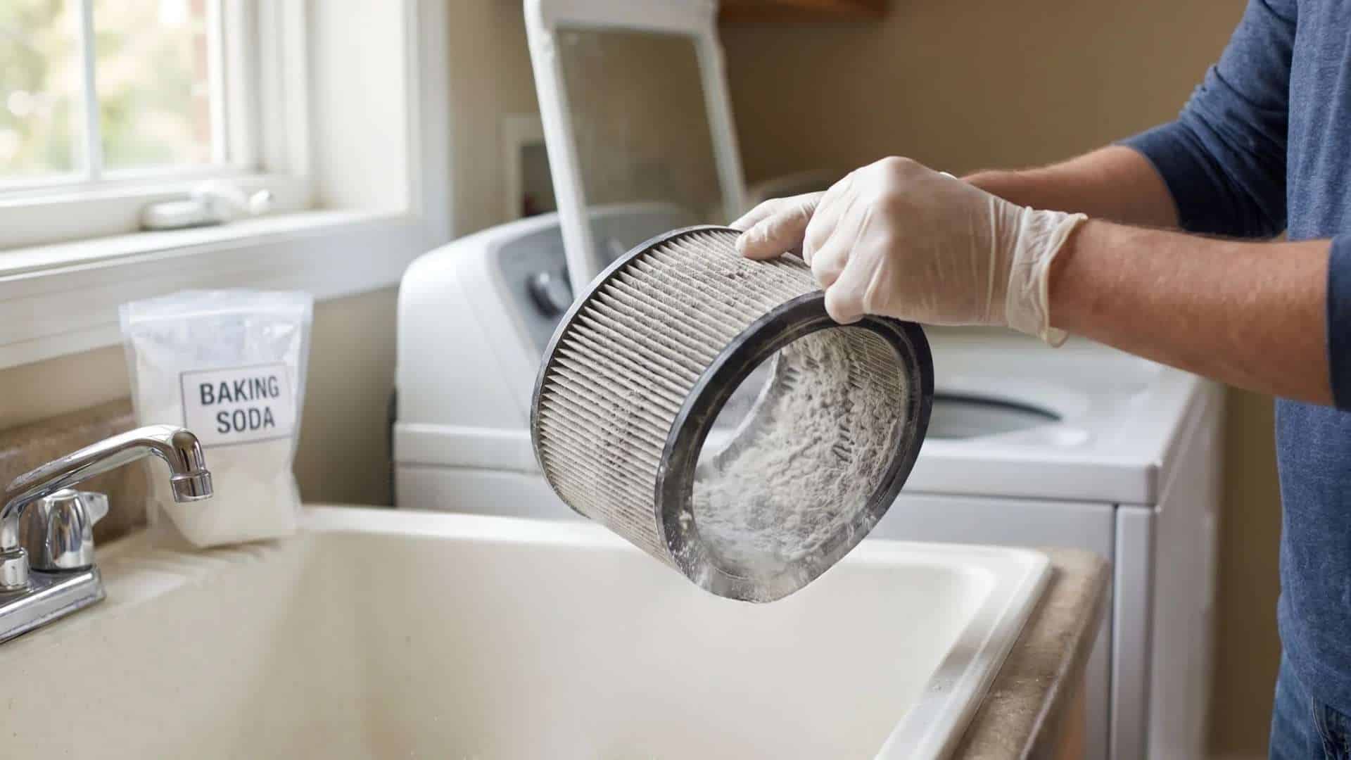 Person cleaning a vacuum filter in a sink while learning how to clean carpets with baking soda.