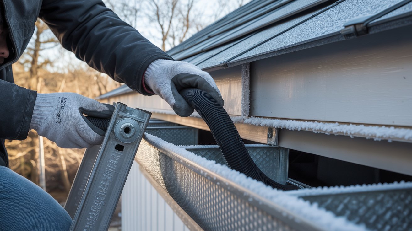 Close-up of gutter heat tape installation with cable being fed into a gutter during cold-weather preparation.