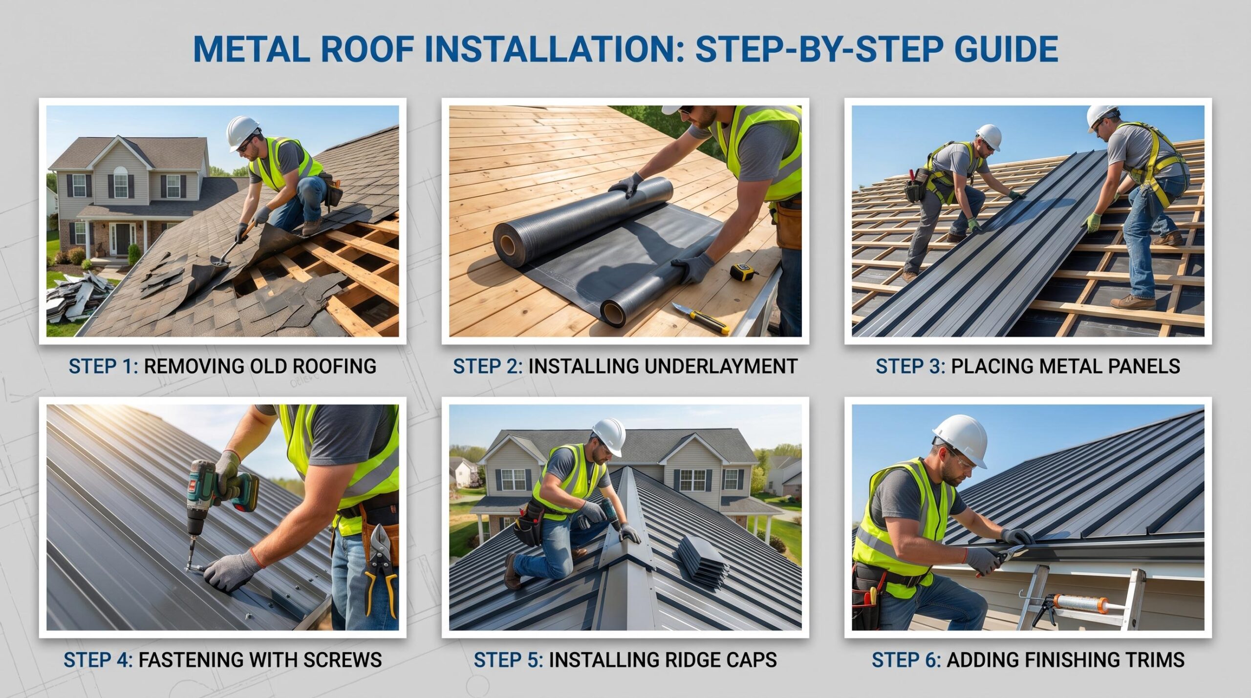 Illustration showing step-by-step metal roof installation, including underlayment, panel placement, fastening, ridge caps, and finishing trims on a residential home.