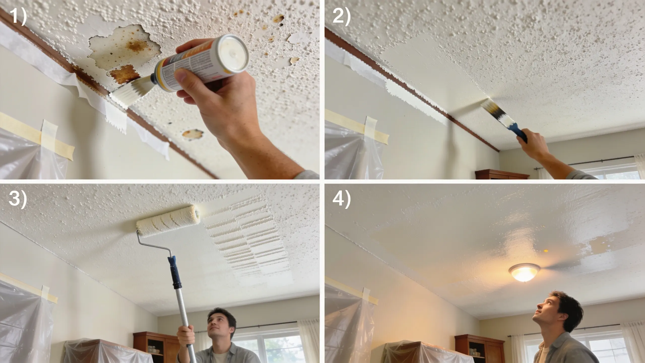 Step-by-step view of painting a popcorn ceiling showing prep, edging, rolling, and final coat in a realistic home interior.