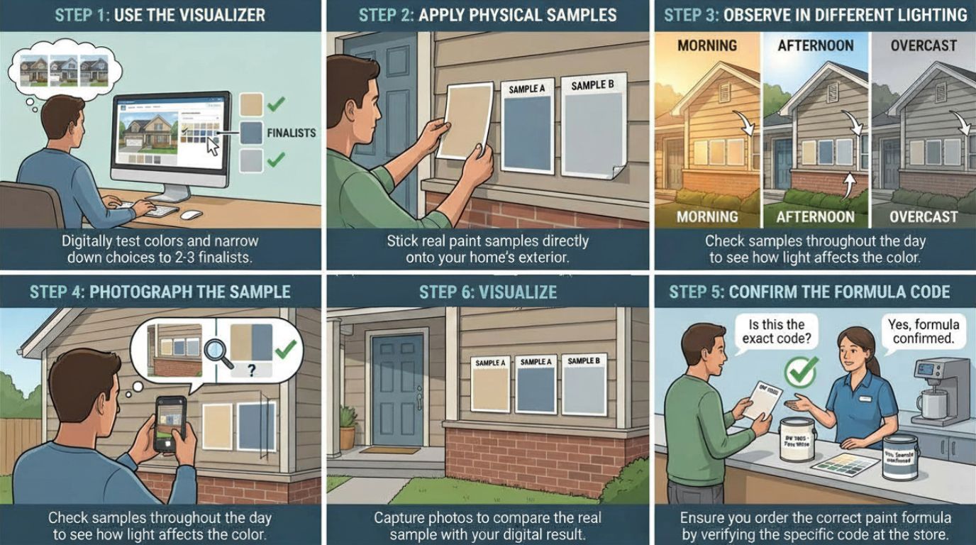 Step-by-step guide for choosing exterior paint colors, showcasing visualizer use.