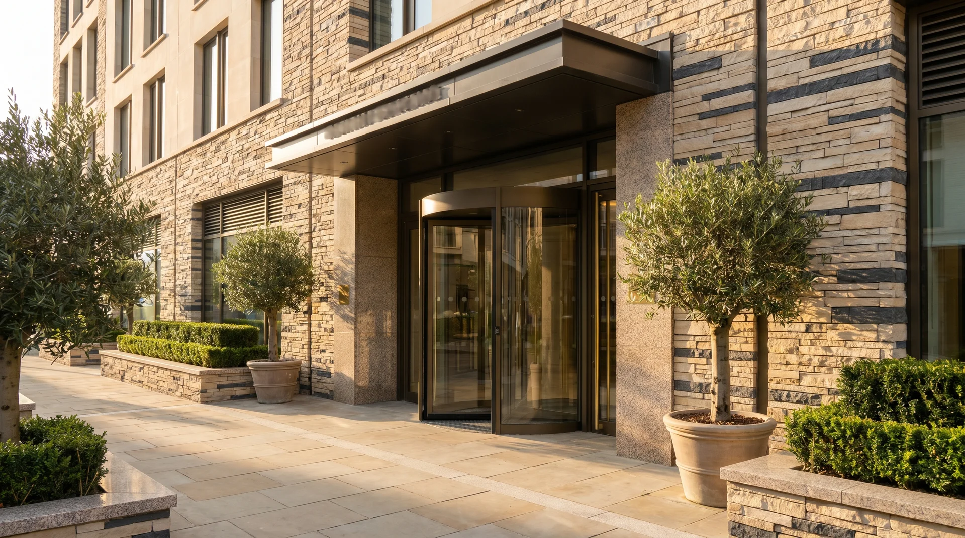 Exterior view of a commercial building entrance with light-colored stacked stone veneer siding and architectural lighting.