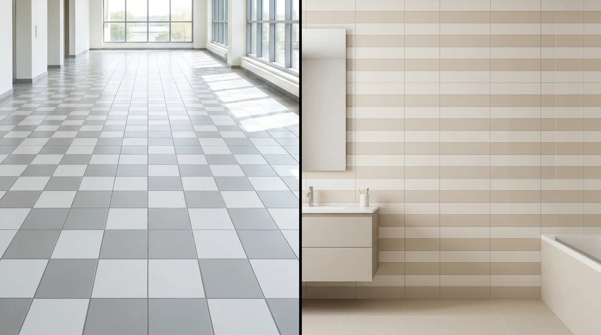 Straight lay grid pattern with white and gray square tiles on the floor and beige rectangular tiles on the wall.