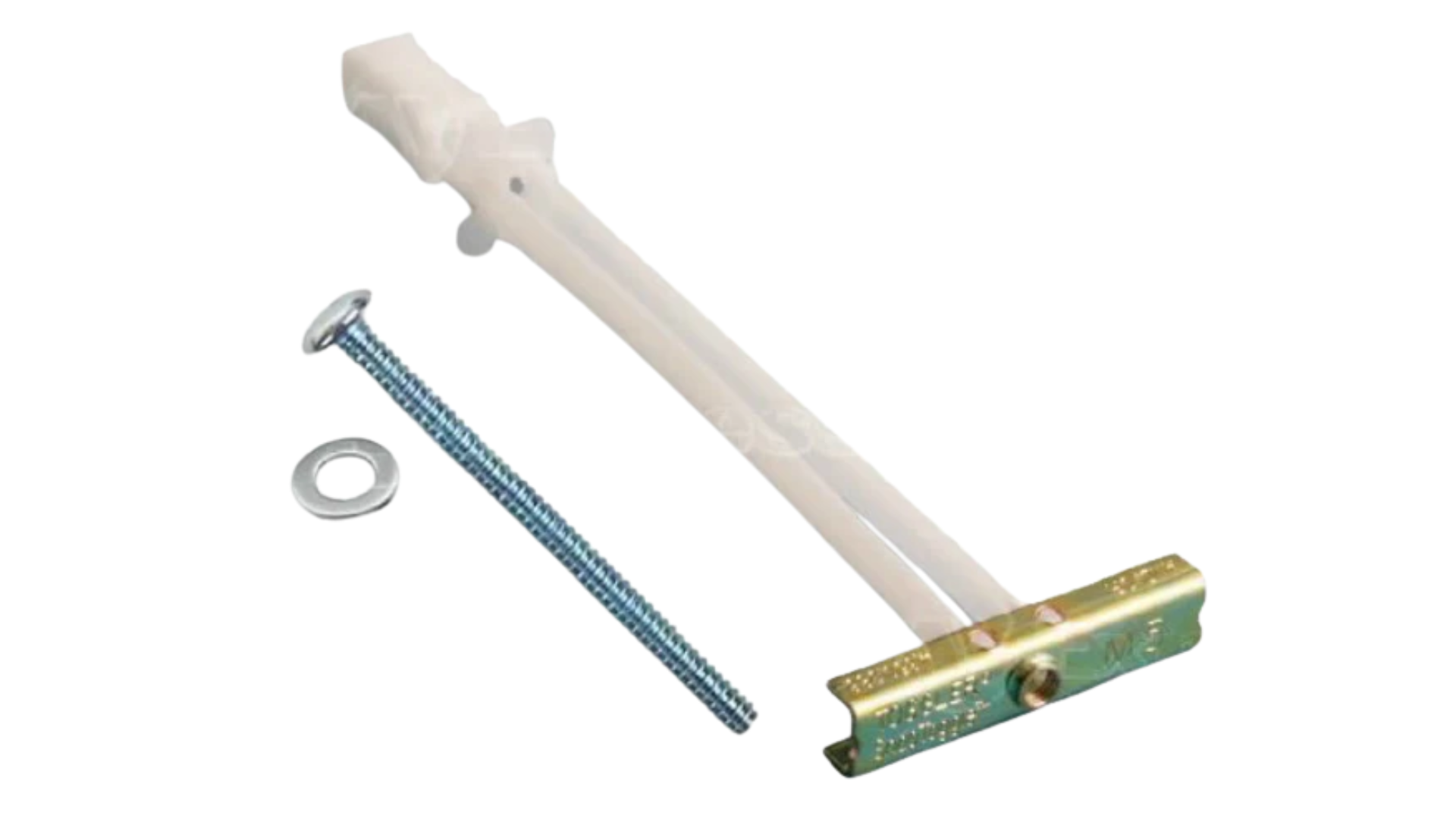 A heavy-duty strap toggle anchor featuring a long plastic strap, a metal channel, a flat washer, and a matching metal screw.