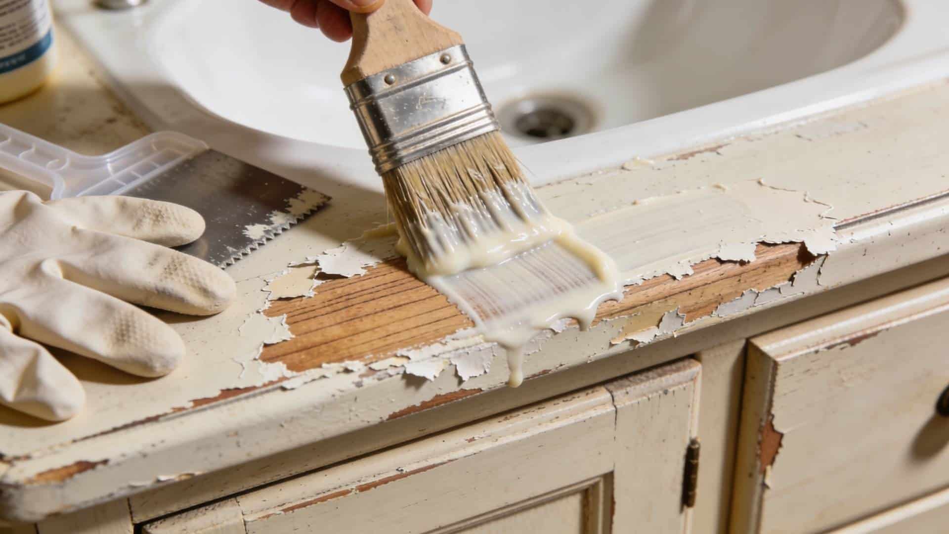 Applying chemical stripper to peeling cabinet surface during a refinish bathroom vanity project to remove old finish layers.
