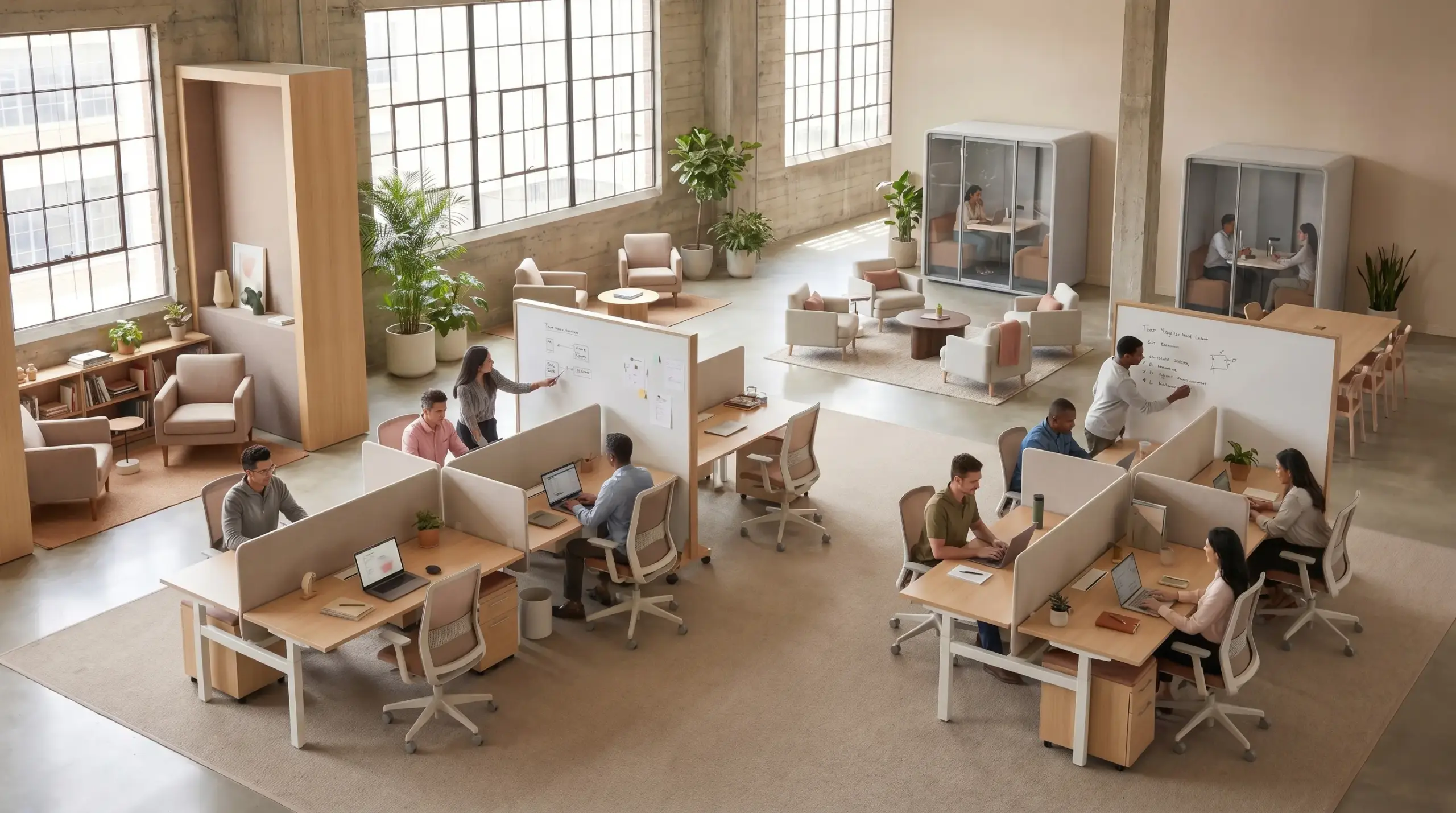 Office with team-based desk clusters, low partitions, breakout areas, and lounge corners, showing collaboration and team zones.