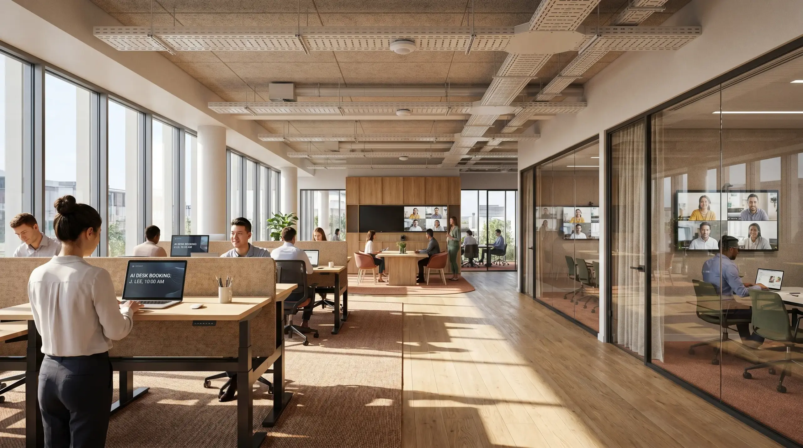 Smart office with pre-planned cable pathways, AV-equipped hybrid meeting rooms, occupancy sensors, and AI-powered desk booking screens.