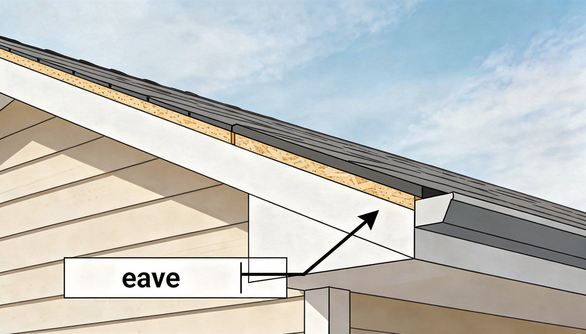 Metal roof eave diagram showing drip edge under underlayment and panel overhang above gutter