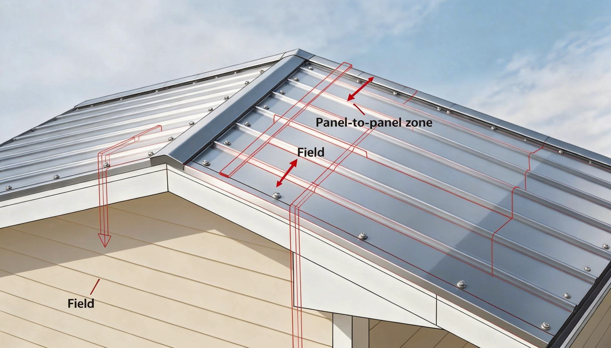 Metal roof field diagram highlighting the main panel area with panel overlap and fastener placement