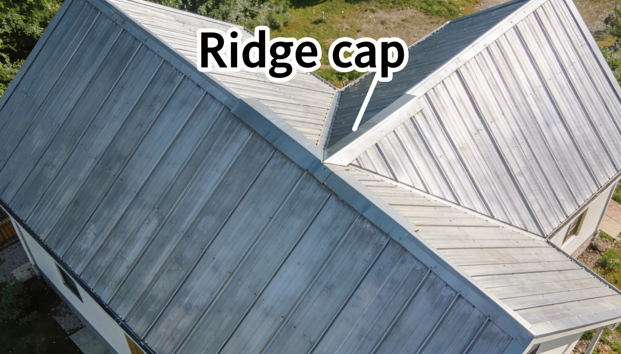 Metal roof ridge cap diagram showing peak connection between two roof slopes