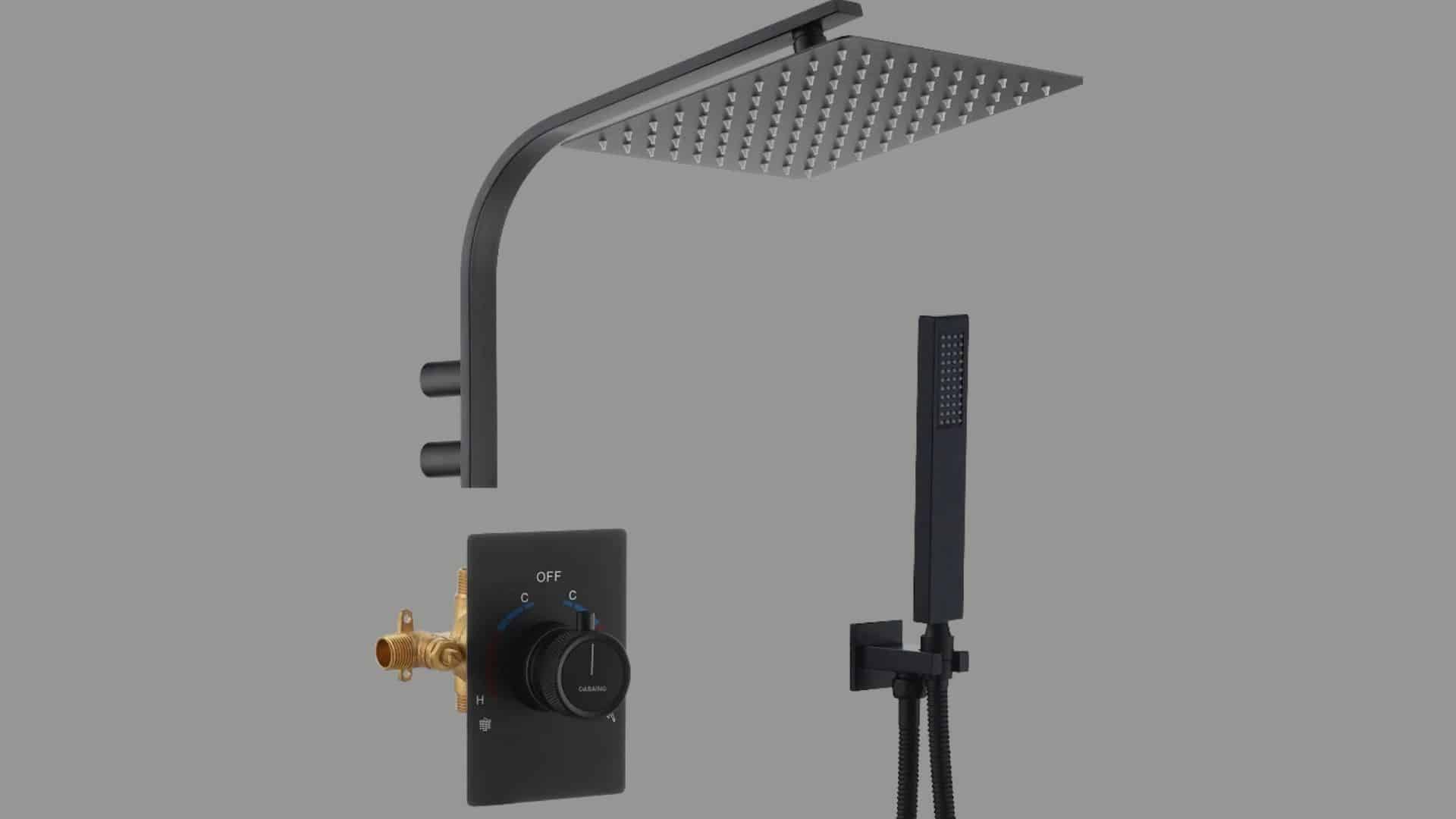 Matte black thermostatic shower system with square overhead showerhead, wall-mounted showerhead, handheld wand, and concealed controls.