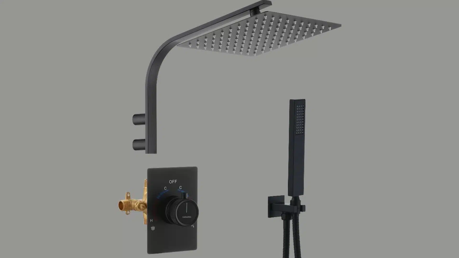 Matte black thermostatic shower system with square overhead showerhead, wall-mounted showerhead, handheld wand, and concealed controls.