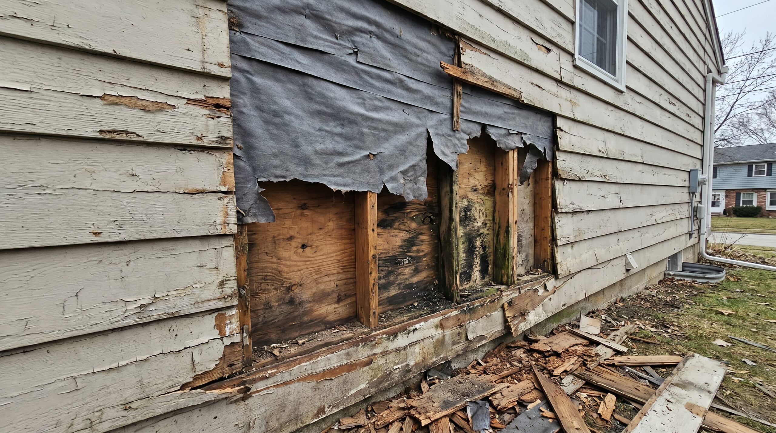 An image depicting severe systemic damage on wood siding, with multiple boards affected by rot.