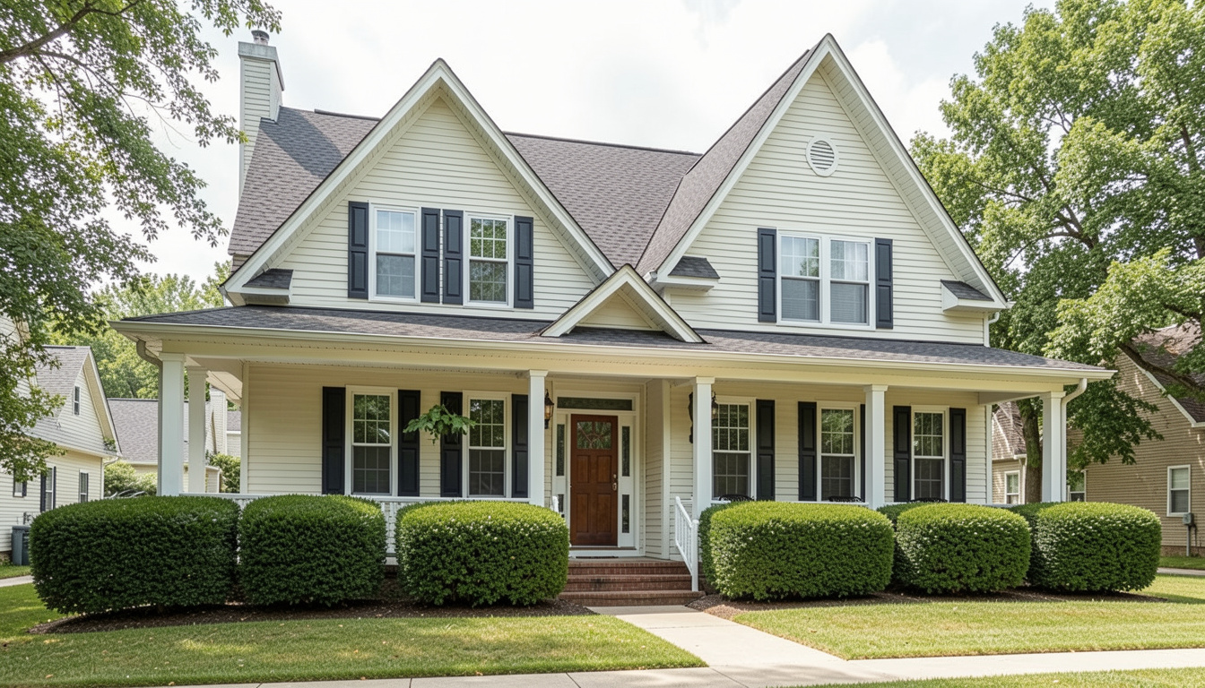 Charming traditional-style home exterior with symmetrical design, steep roofline, and pale siding accented by dark shutters.