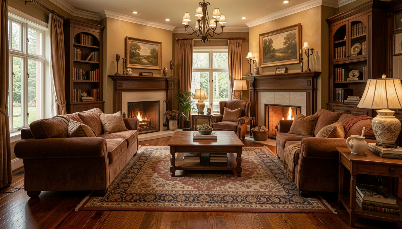 Cozy living room with a traditional style featuring warm, earthy tones, hardwood floors, and a classic fireplace with a wooden mantel.