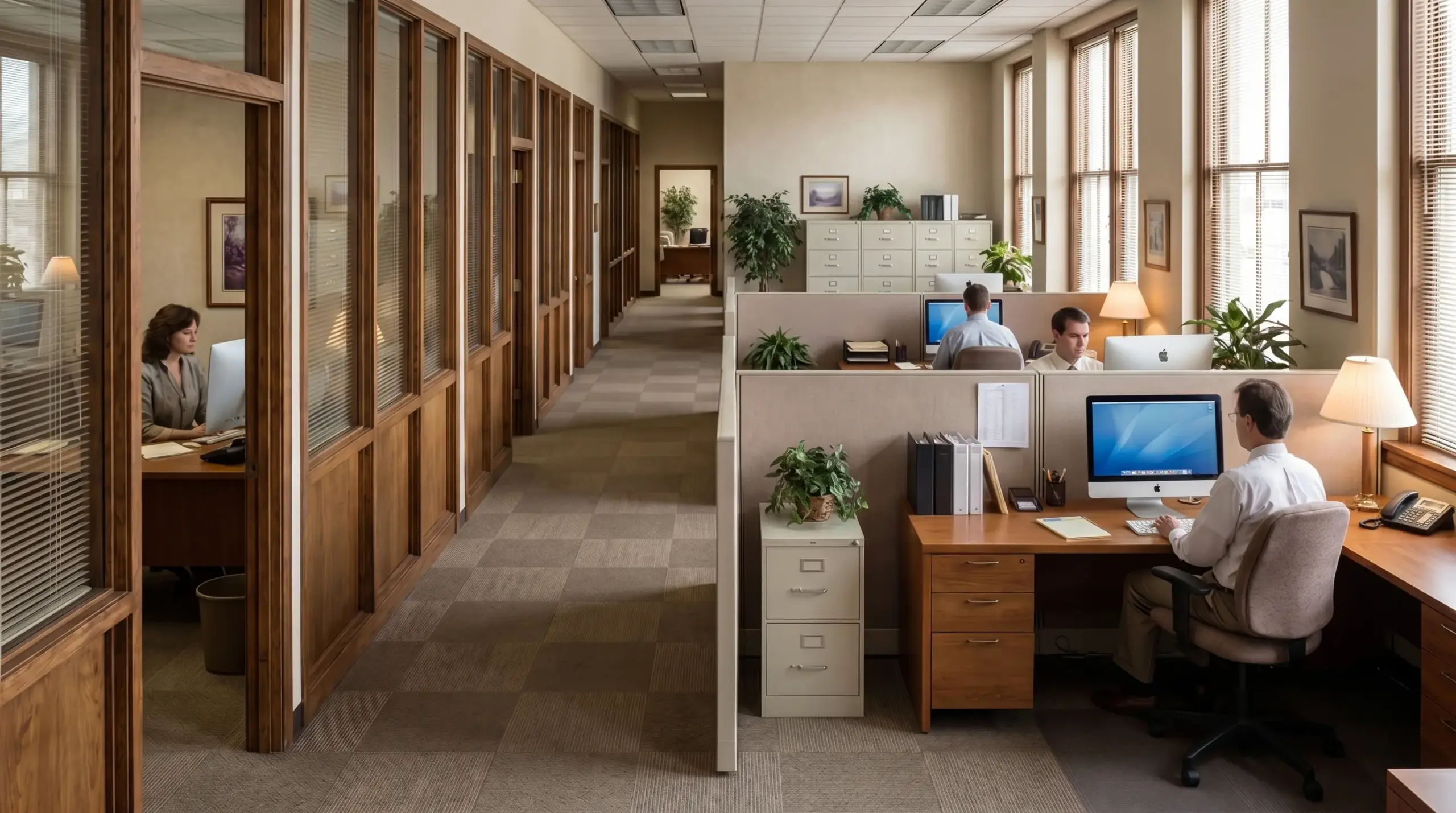 Classic office with individual enclosed offices and cubicles, natural light, organized desks, and a professional, private workspace.