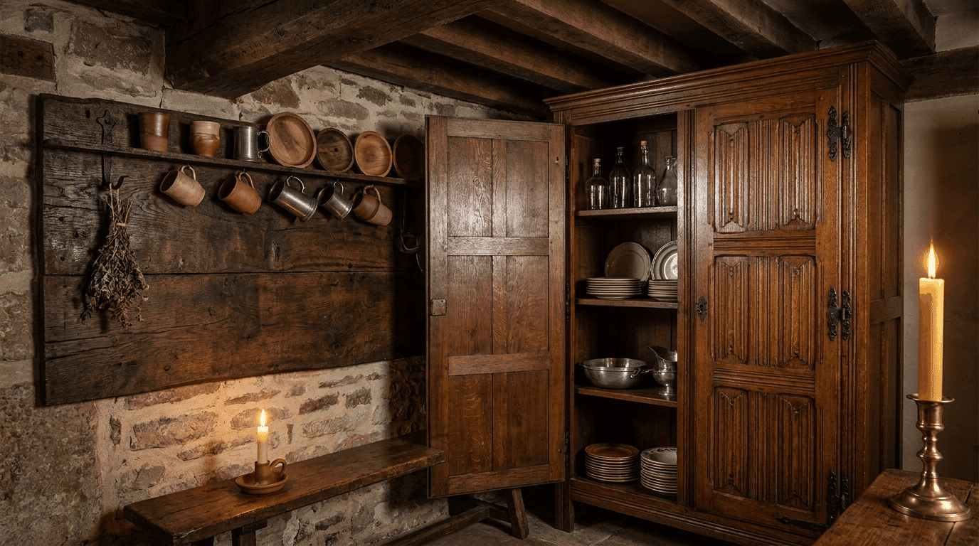 Historic transition from open cup board shelving to enclosed wooden cupboard furniture.
