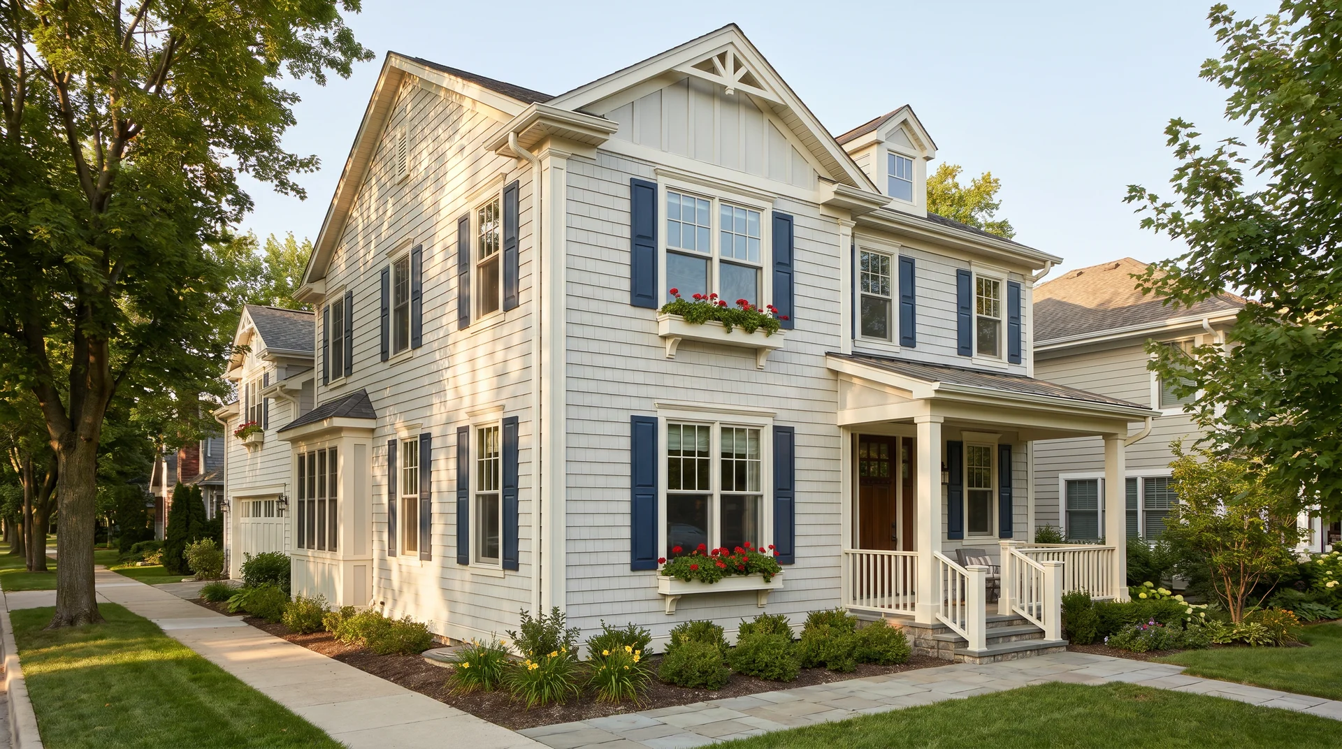 A two-story white siding house with dark blue shutters, architectural gables, and neat green landscaping.