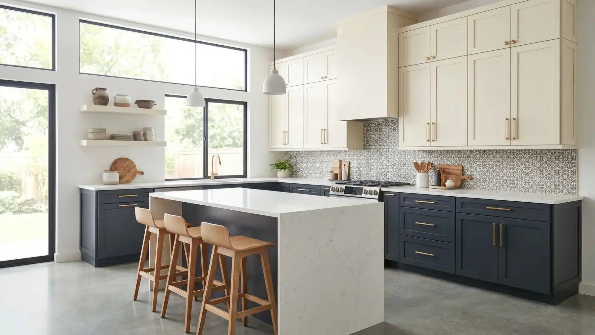 Two-tone painted kitchen cabinets in navy and cream with patterned backsplash and wooden bar stools.