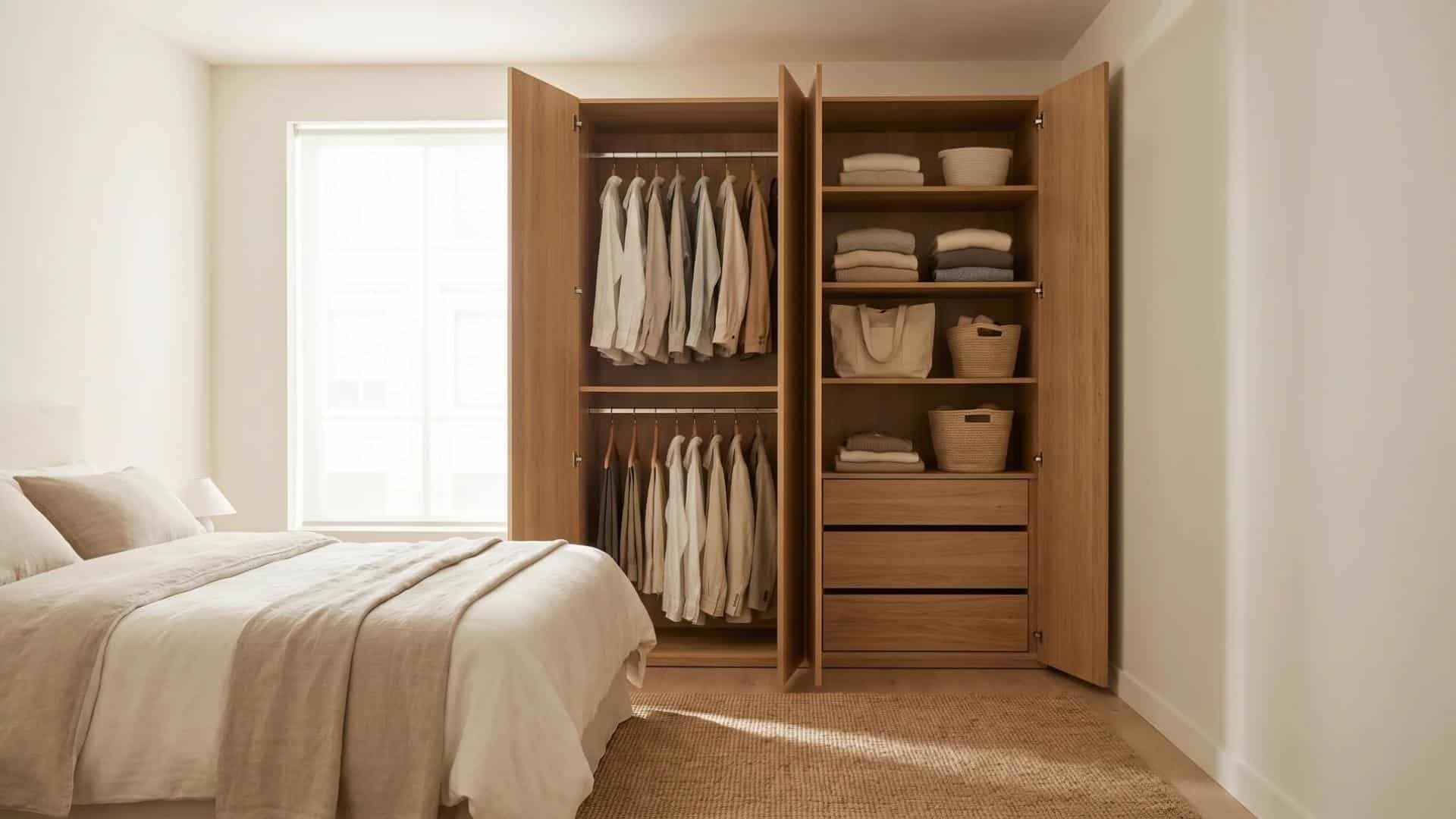 Minimalist bedroom featuring a freestanding wardrobe with neatly folded clothes and hanging shirts