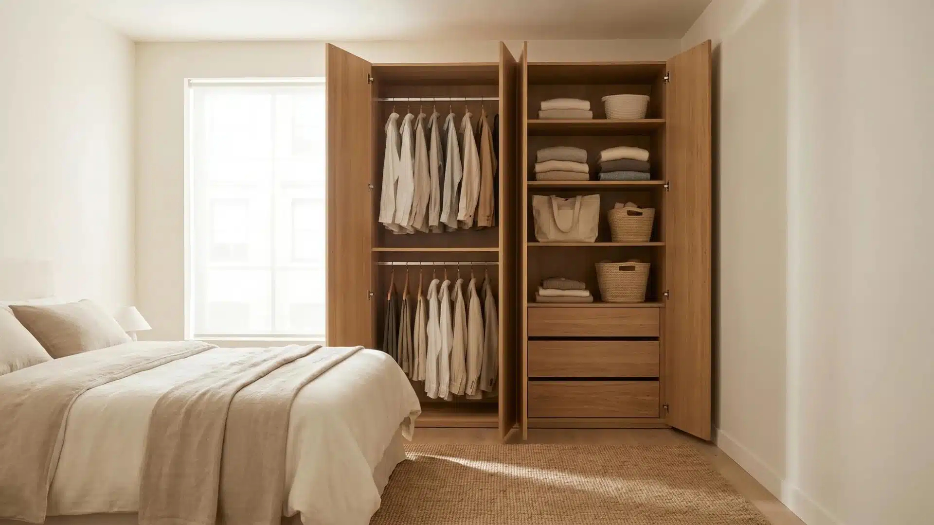 Minimalist bedroom featuring a freestanding wardrobe with neatly folded clothes and hanging shirts