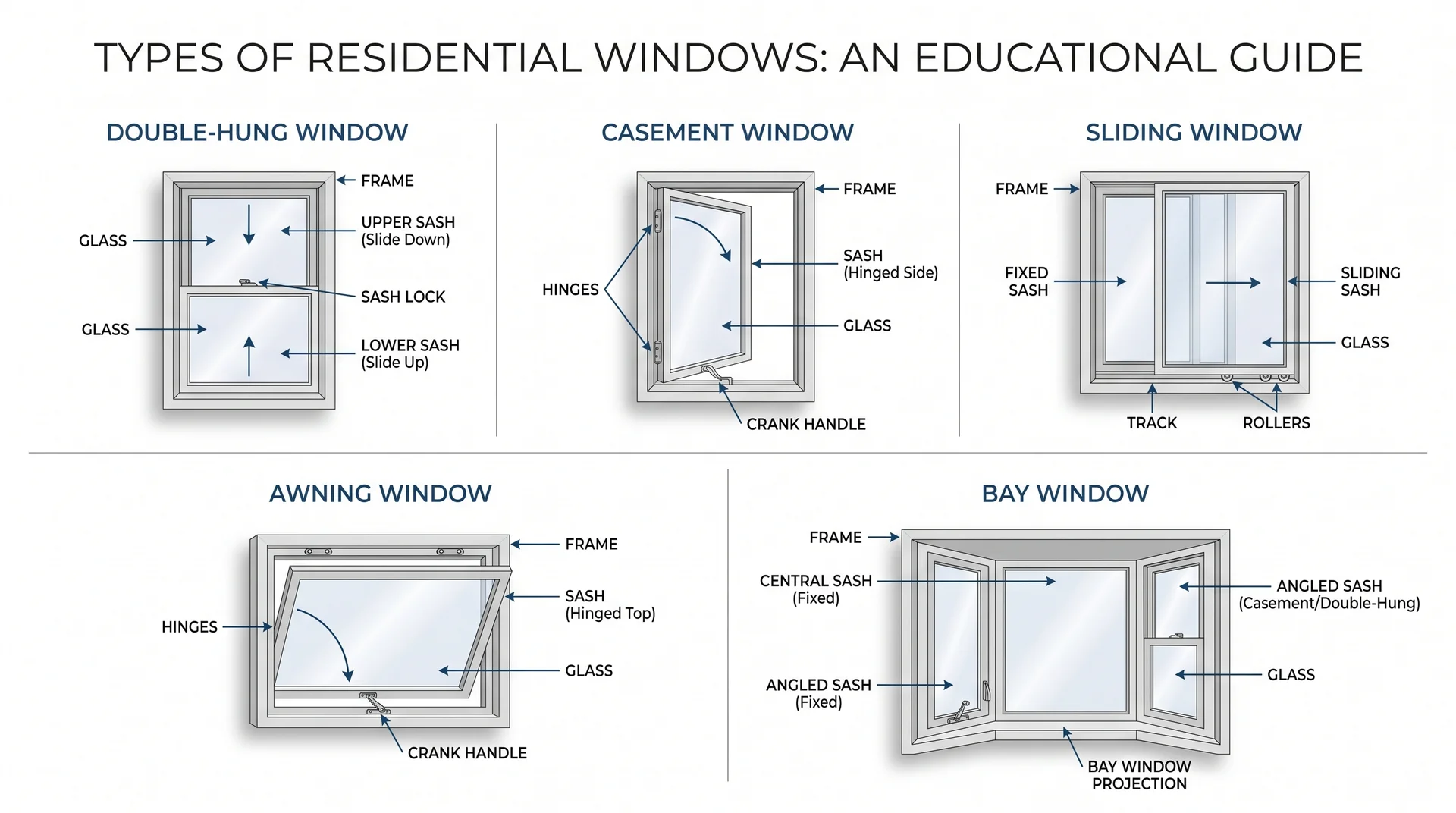 An educational guide diagram showcasing different residential window types: double-hung, casement, sliding, awning, and bay.