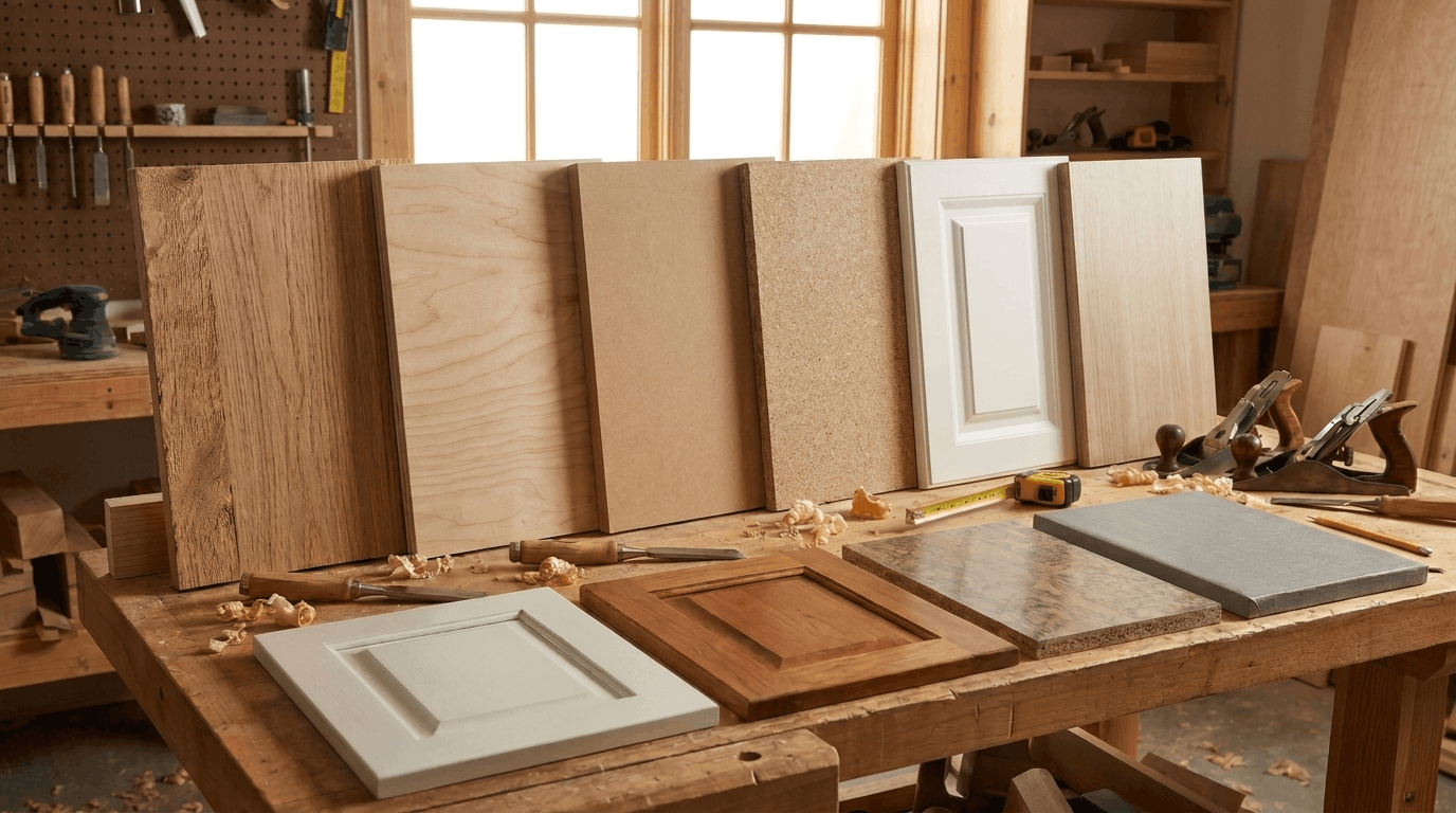 Cupboard material samples showing wood, plywood, MDF, particleboard, and laminate finishes.