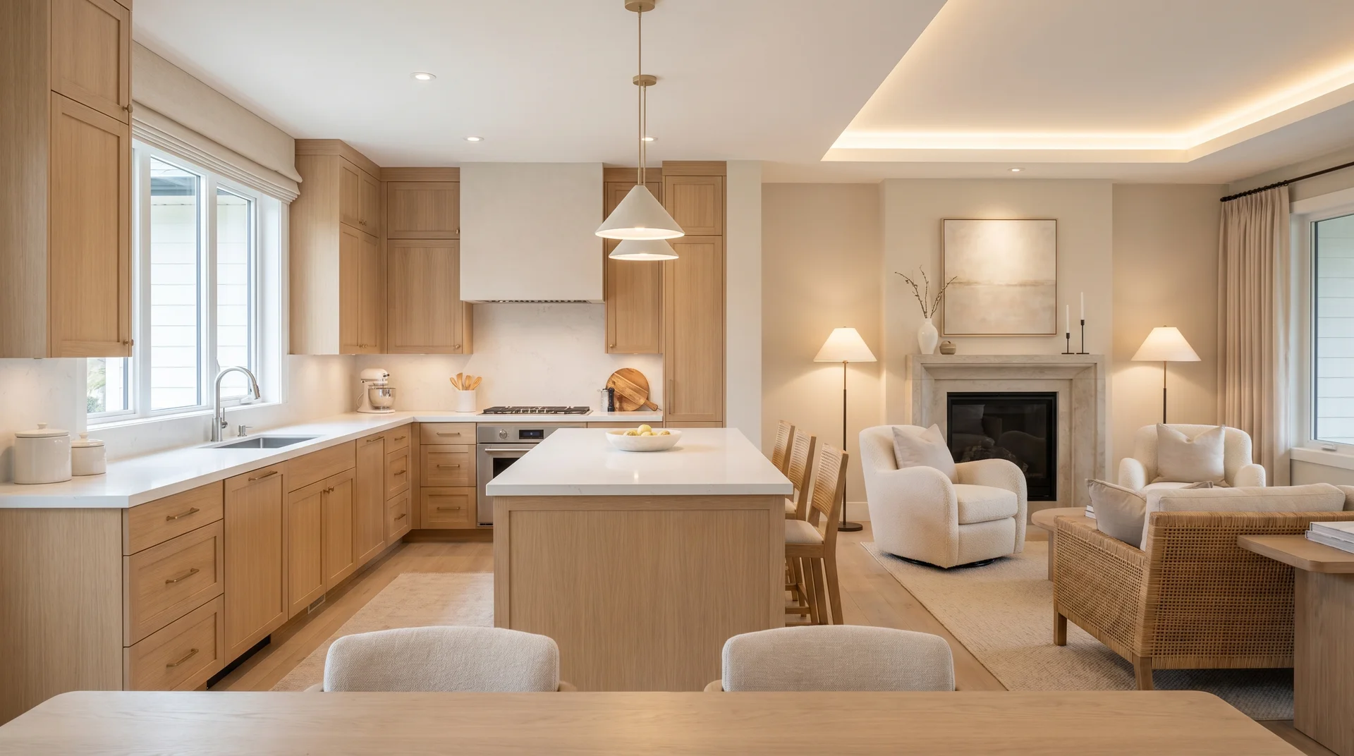 U-shaped kitchen with light wood cabinets and a center island looking into a warm living room with a fireplace and armchairs.