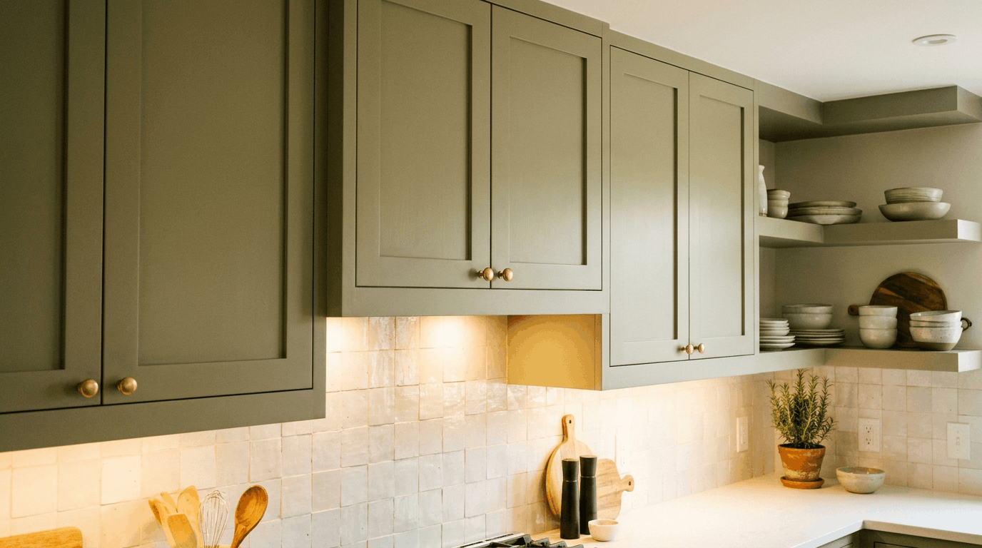 Sage green upper wall kitchen cabinets with under cabinet lighting and zellige tile.