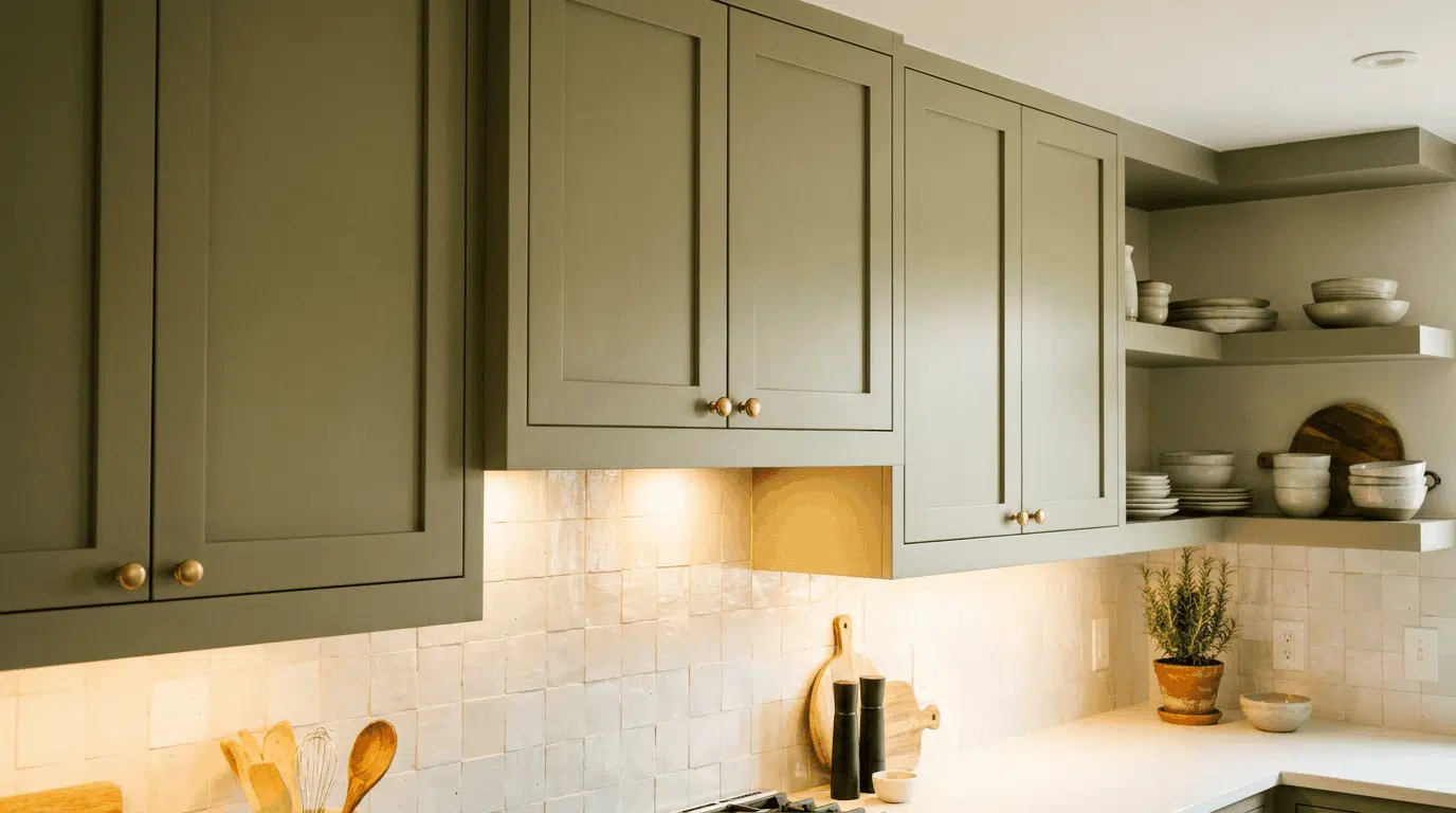 Sage green upper wall kitchen cabinets with under cabinet lighting and zellige tile.