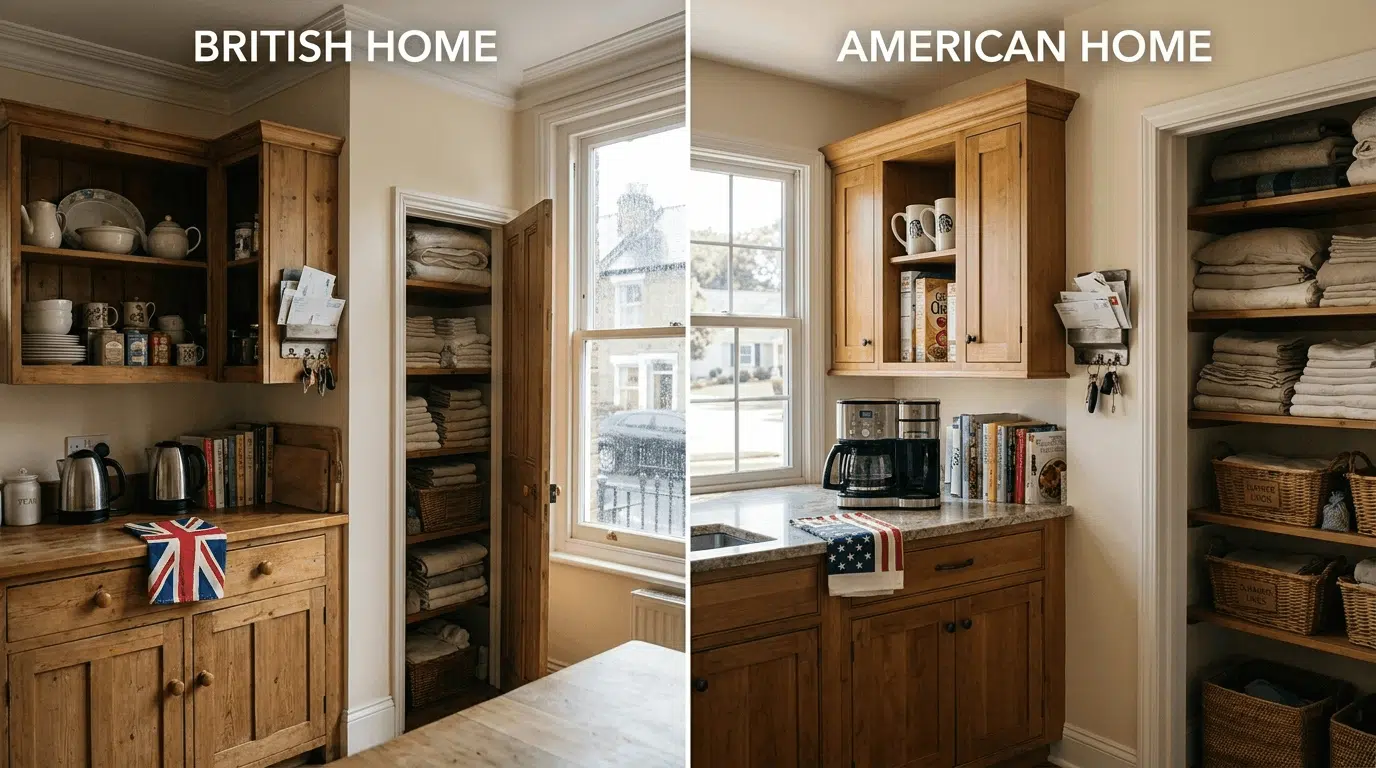 British and American homes using similar storage furniture with different terminology.