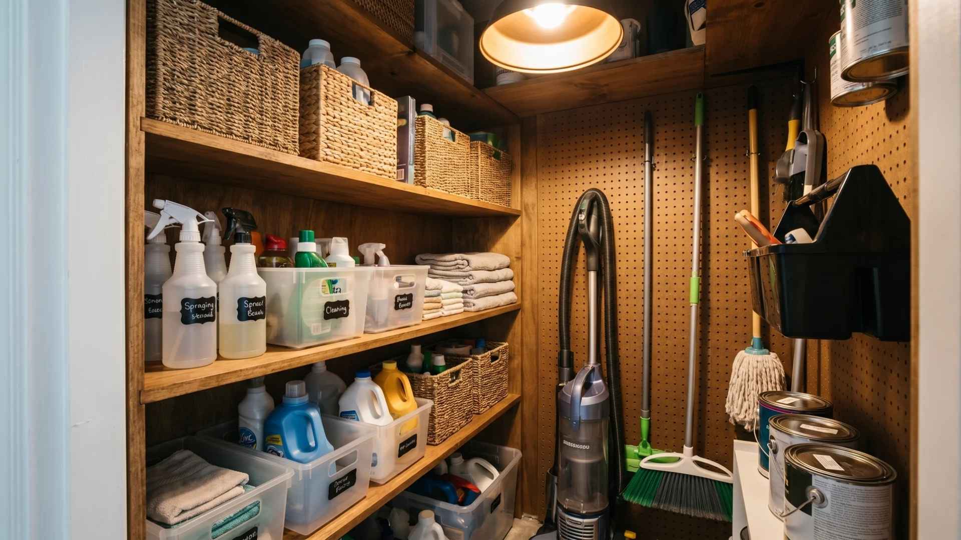 Organized utility closet with cleaning supplies, towels, and labeled bins