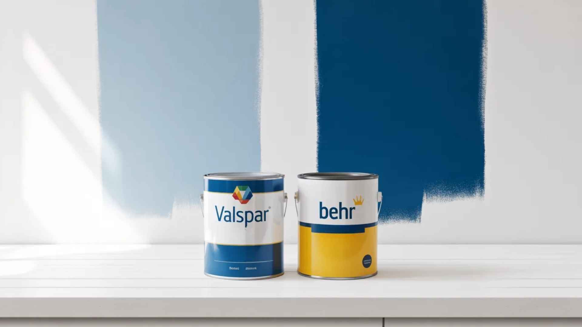 Valspar and Behr paint cans placed in front of blue wall paint samples, comparing paint colors and finishes.