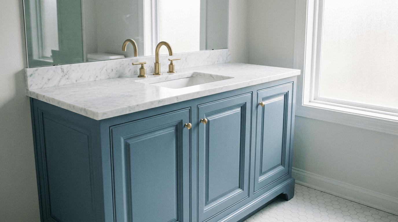 Dusty blue freestanding bathroom vanity with white marble countertop and gold fixtures.