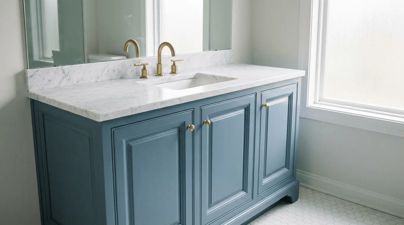 Dusty blue freestanding bathroom vanity with white marble countertop and gold fixtures.