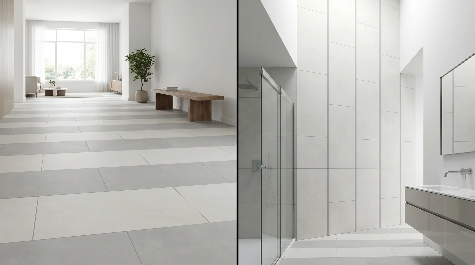 Vertical and horizontal stack pattern with large rectangular tiles in gray and white on the left floor and wall in a modern bathroom.