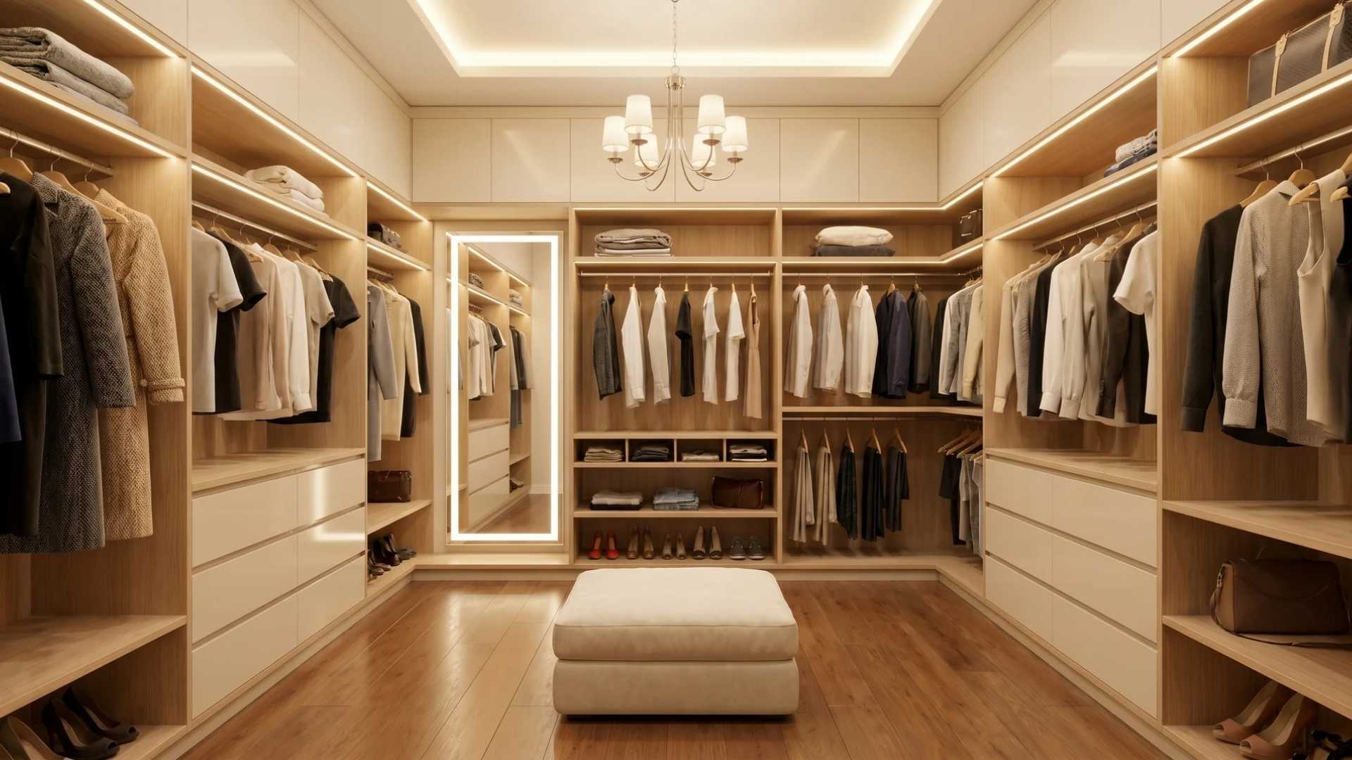 Spacious walk-in closet with hanging racks, drawers, shelves, and a central ottoman, highlighting luxury and efficient types of closets
