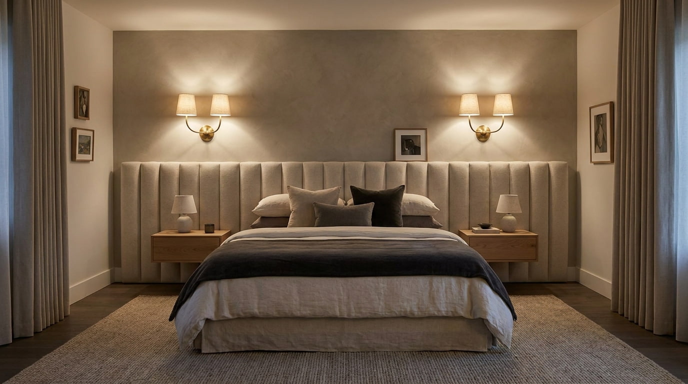 Wall decor for bedroom using decorative wall sconces above upholstered headboard for style and ambient lighting.
